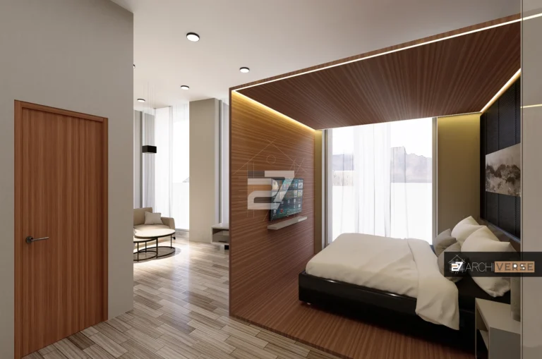 Couple bedroom hotel design with LED headboard and modern textures