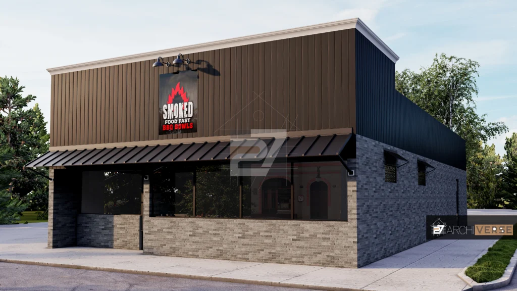 Side view of restaurant showcasing metal panels and expansive glass windows