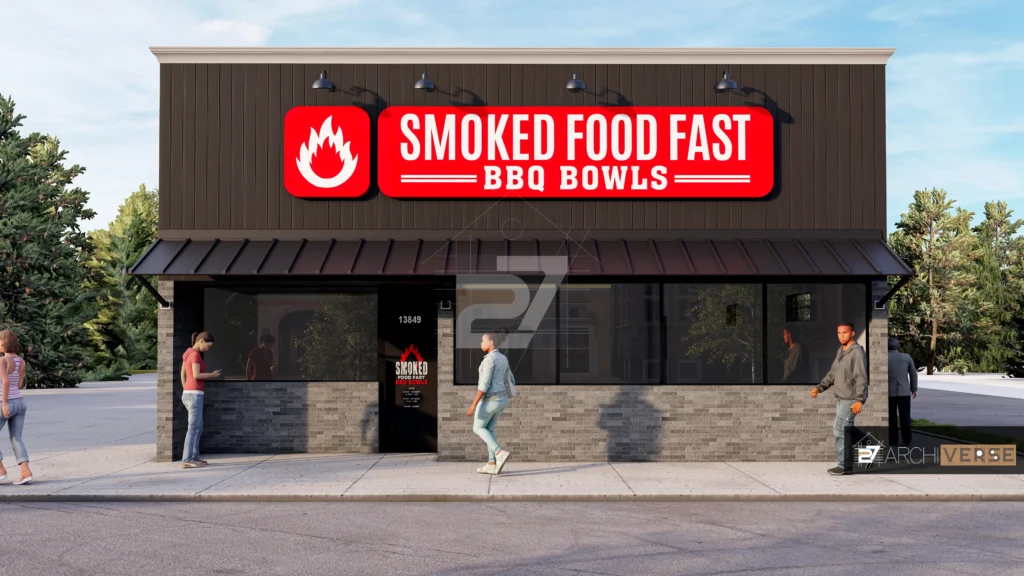 Front view of fast food restaurant with bold signage and clean, modern architectural design