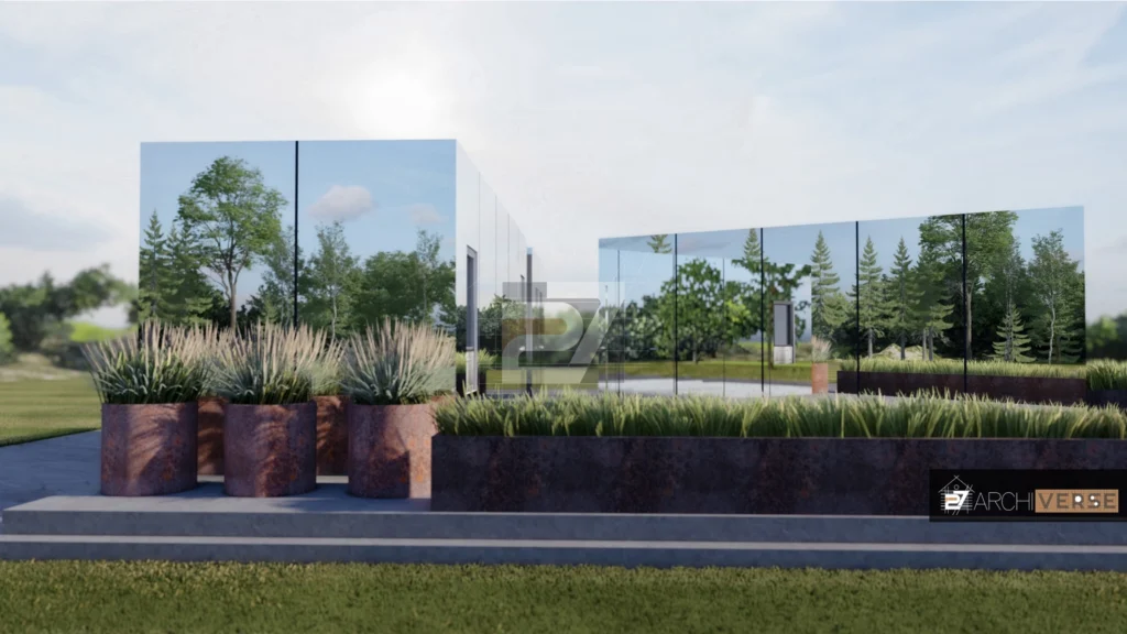 Front view of a modern drive-thru restaurant with mirrored facades, large windows, and efficient customer flow