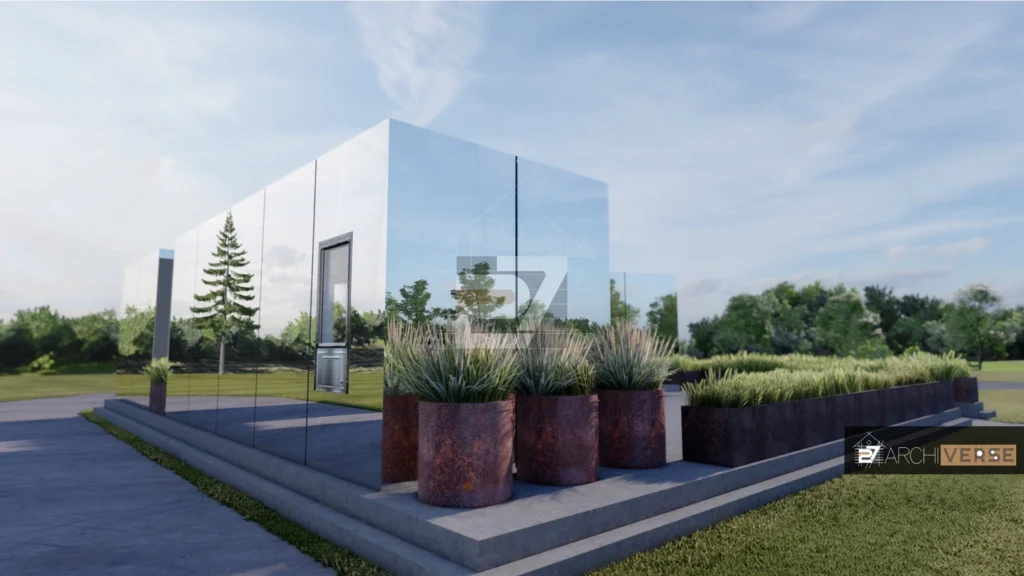 Detailed 3D visualization of a mirror-covered drive-thru restaurant, showing the reflection of the surrounding environment