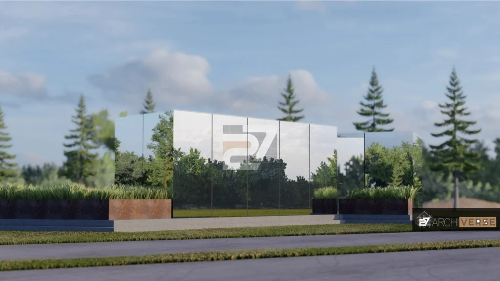 3D rendering of drive-thru restaurant with all sides covered in reflective glass, showing the modern mirrored façade