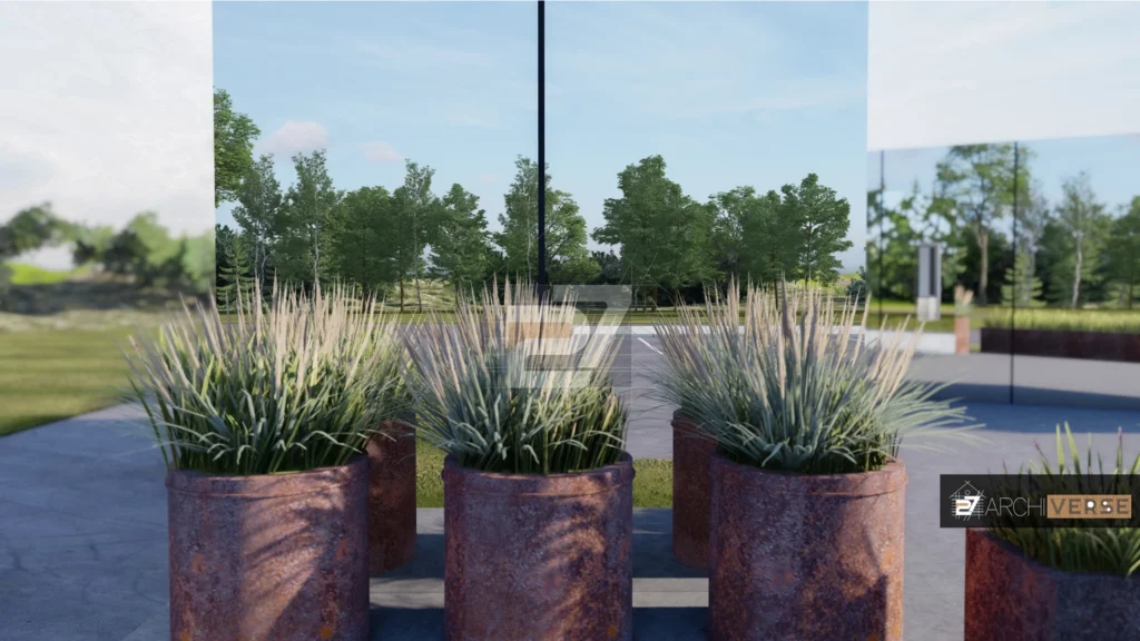 Side view of drive-thru restaurant with mirrored exterior and landscaped areas, highlighting its contemporary design