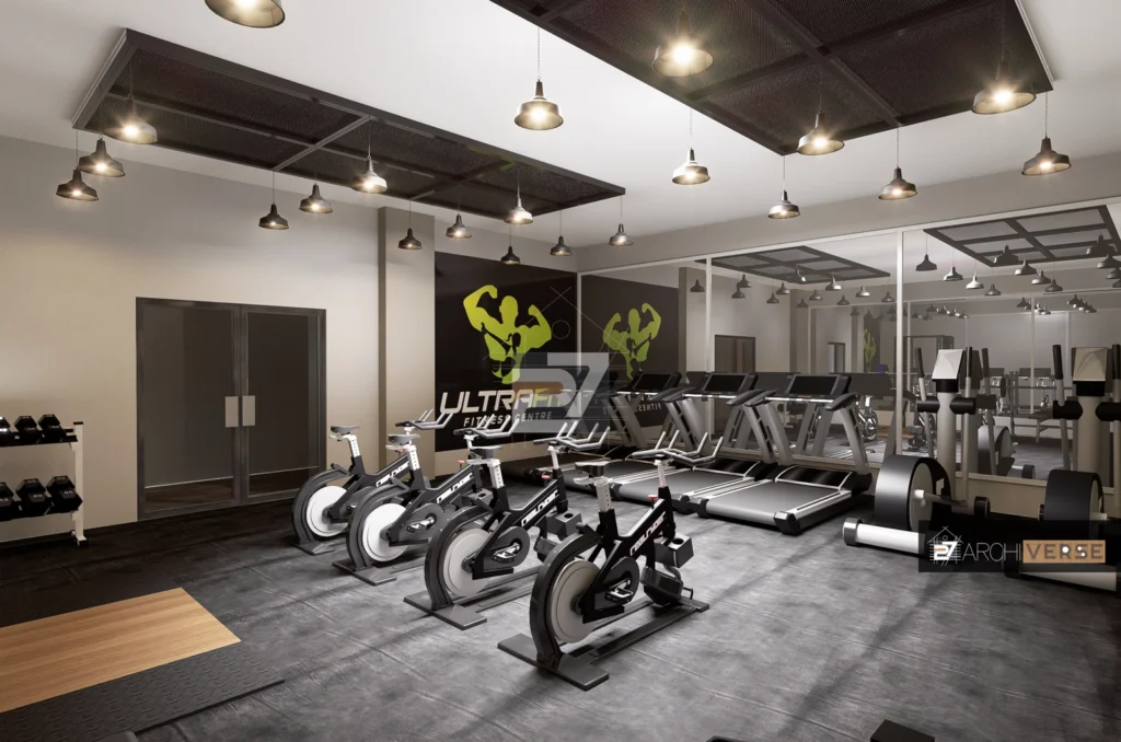 Hotel gym design interior visualization with professional workout equipment