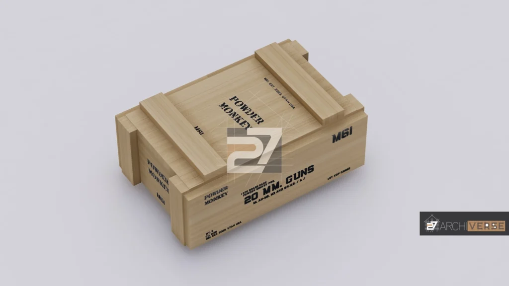 Side angle rendering of closed ammo wooden box product design