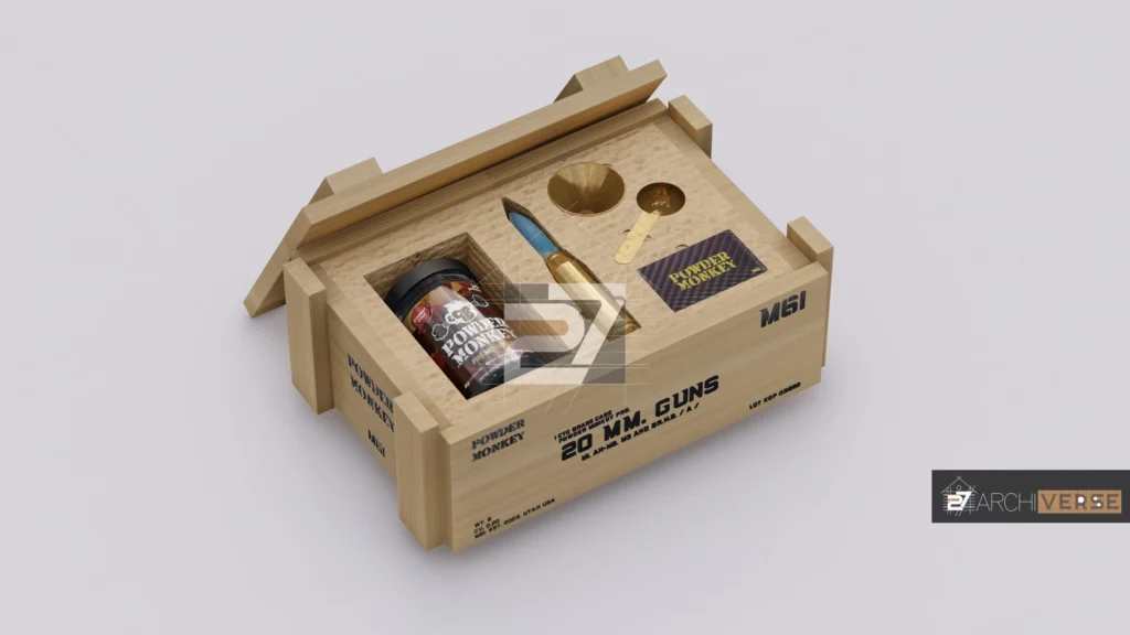 Open angled view of ammo wooden box with accessories inside and detailed joinery