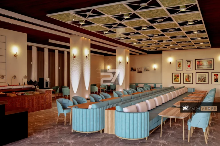 Restaurant hotel design option 1 with luxury seating and decorative ceiling