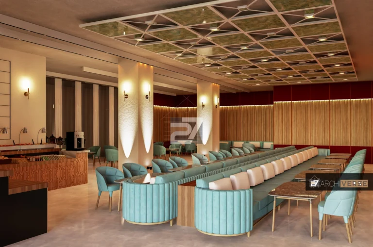 Restaurant hotel design option 2 with banquet seating and elegant ambiance