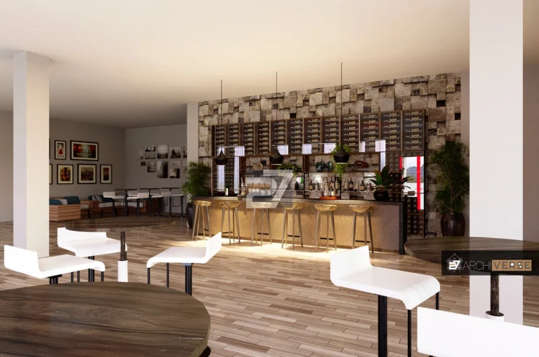 Hotel bar counter design with warm lighting and premium hospitality atmosphere