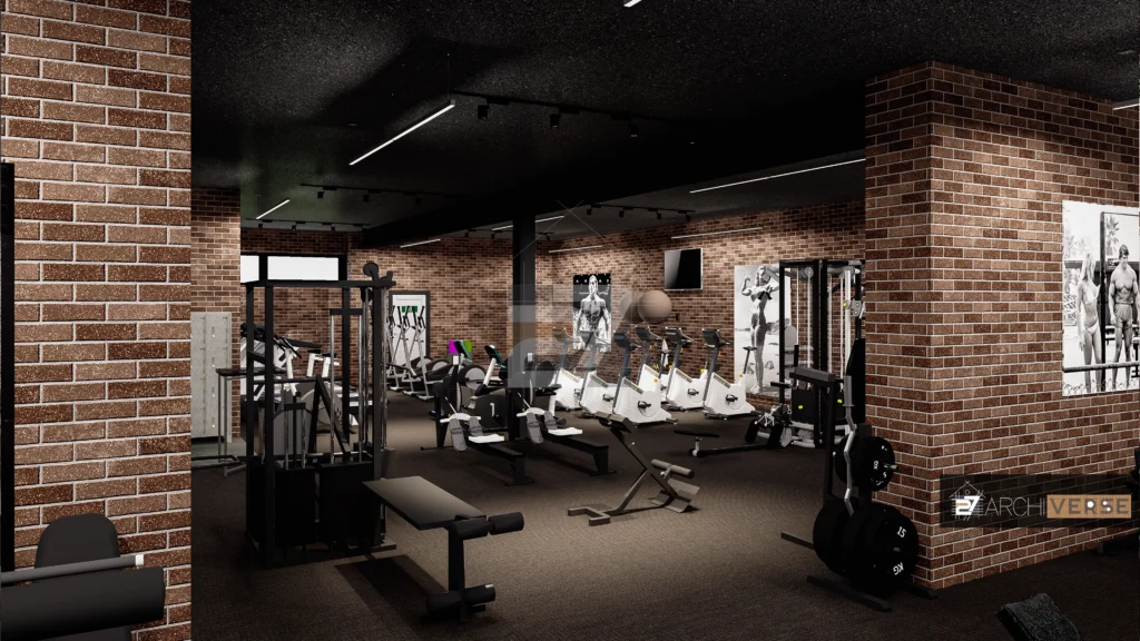View of gym interior showing fitness equipment, large windows, and industrial style Gym Interior Design