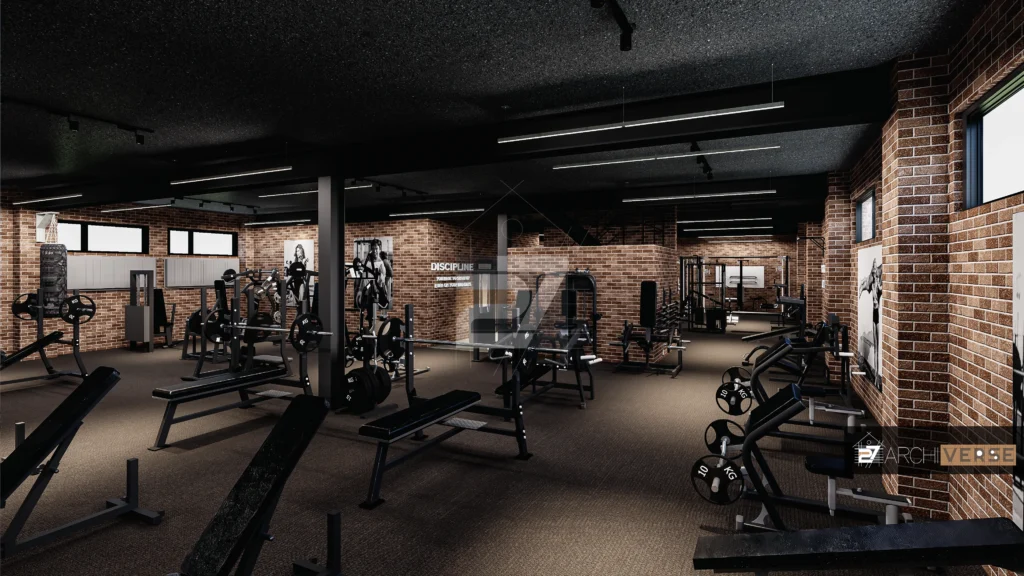 Side view of gym with cardio machines and free weights against a brick wall Gym Interior Design