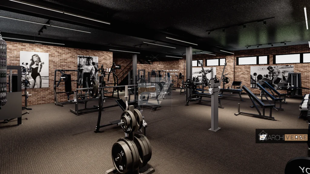 3D gym interior showing the open layout with cardio and strength training zones Gym Interior Design