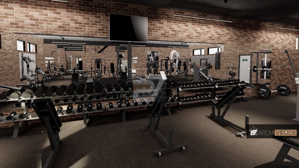 Detailed 3D rendering of fitness equipment in a modern gym with industrial design elements Gym Interior Design