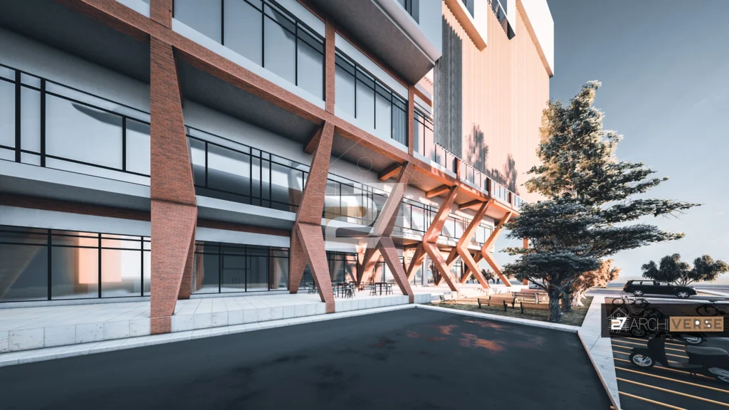 Detailed view of shopping mall exterior with geometric structural elements and parking area