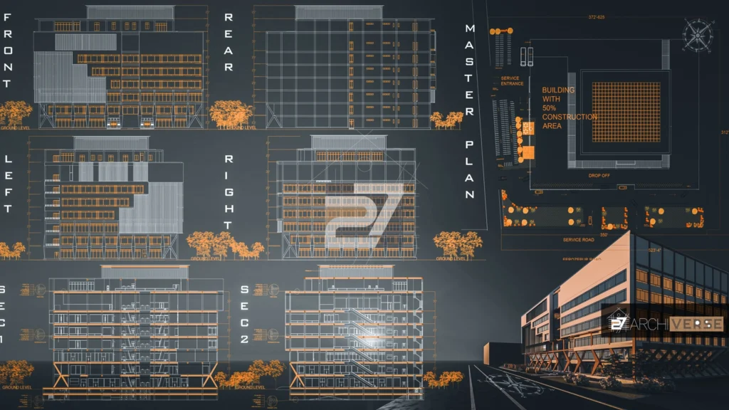 Floor plans and elevations of shopping mall design showing detailed layout and retail space organization