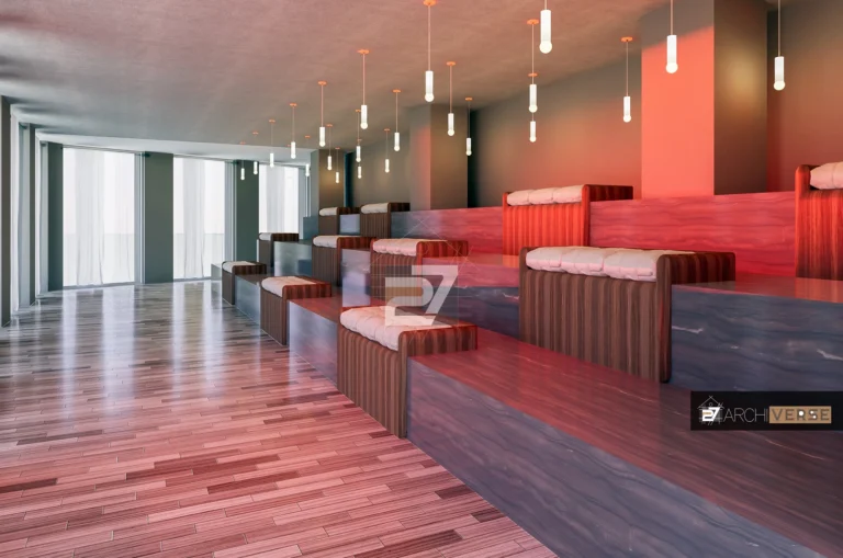 Modern hotel sitting lounge design with soft lighting and contemporary finishes