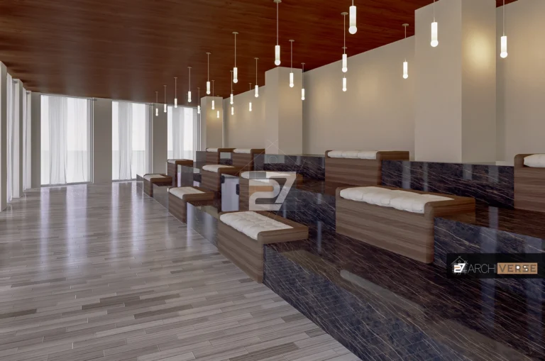 Sitting area hotel design visualization with tiered wooden seating