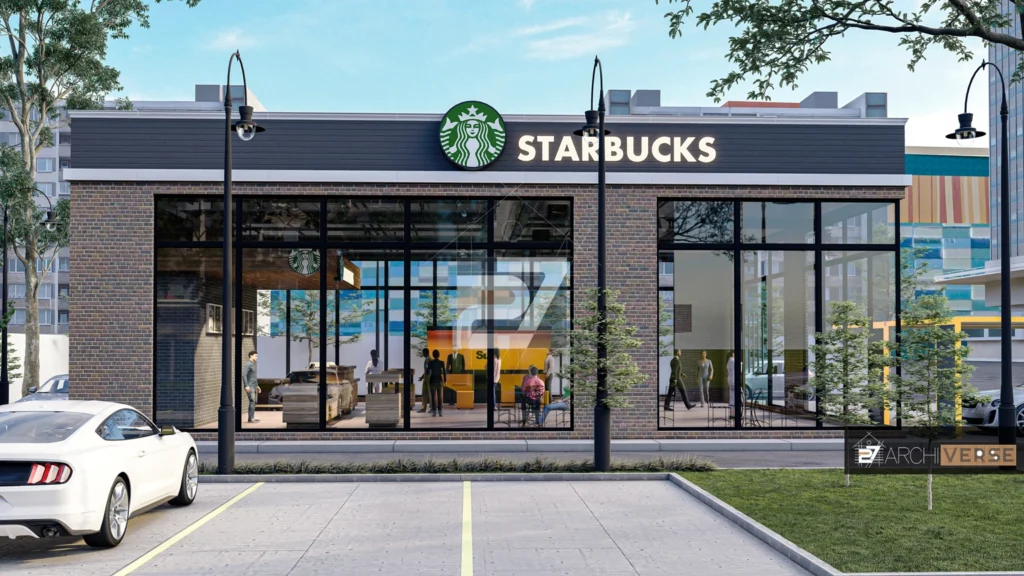 3D view of Starbucks store exterior showcasing sleek metal accents and landscaping
