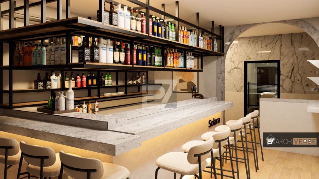 Detailed view of restaurant bar area featuring a marble countertop and metal stools