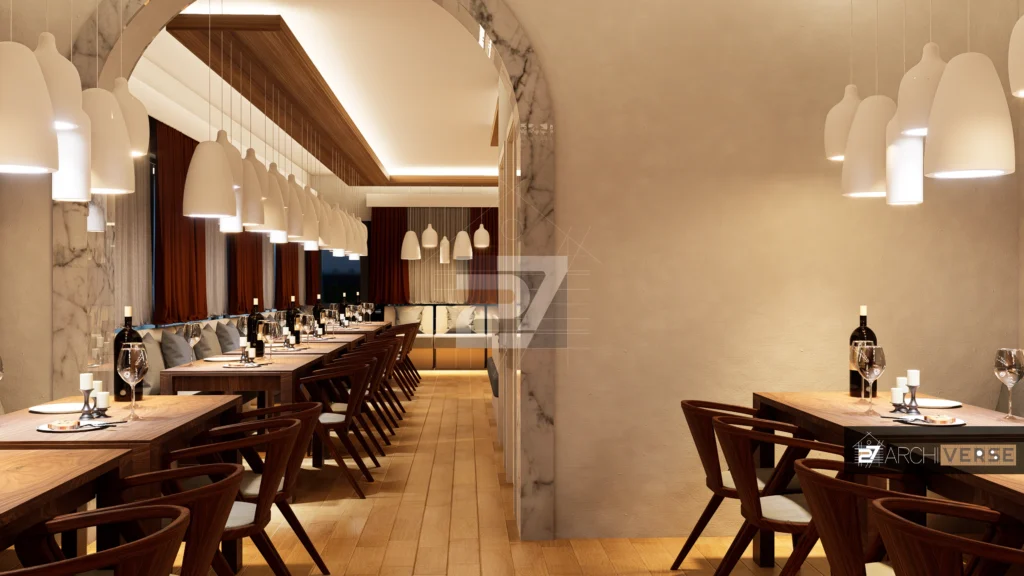 3D visualization of restaurant with open layout, wooden accents, and modern decor