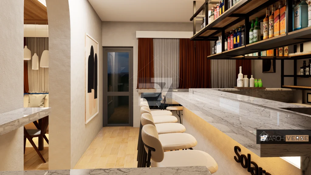 Close-up of the restaurant’s bar area showcasing the marble countertop and glass shelves