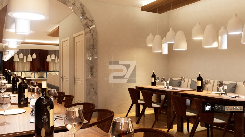 Interior view of cozy restaurant dining space with wooden chairs and elegant lighting