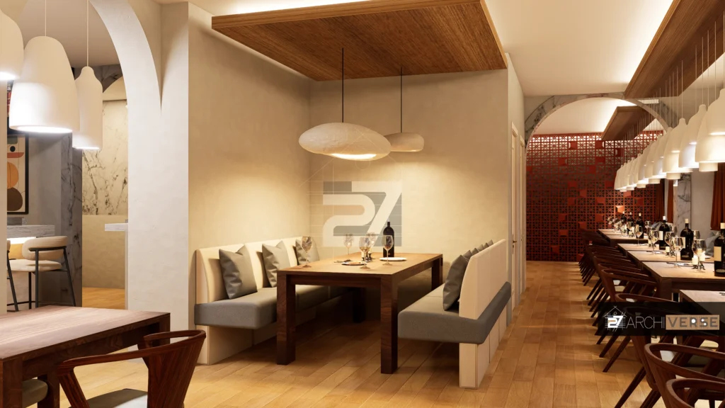 3D rendering of modern restaurant interior with wooden tables and pendant lighting
