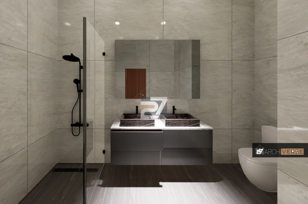 Hotel bathroom design visualization featuring modern fixtures and tiled walls