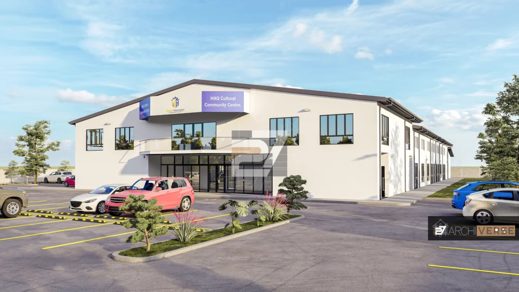 Exterior 3D rendering of the Cultural Community Center with modern façade, parking area, and landscaping