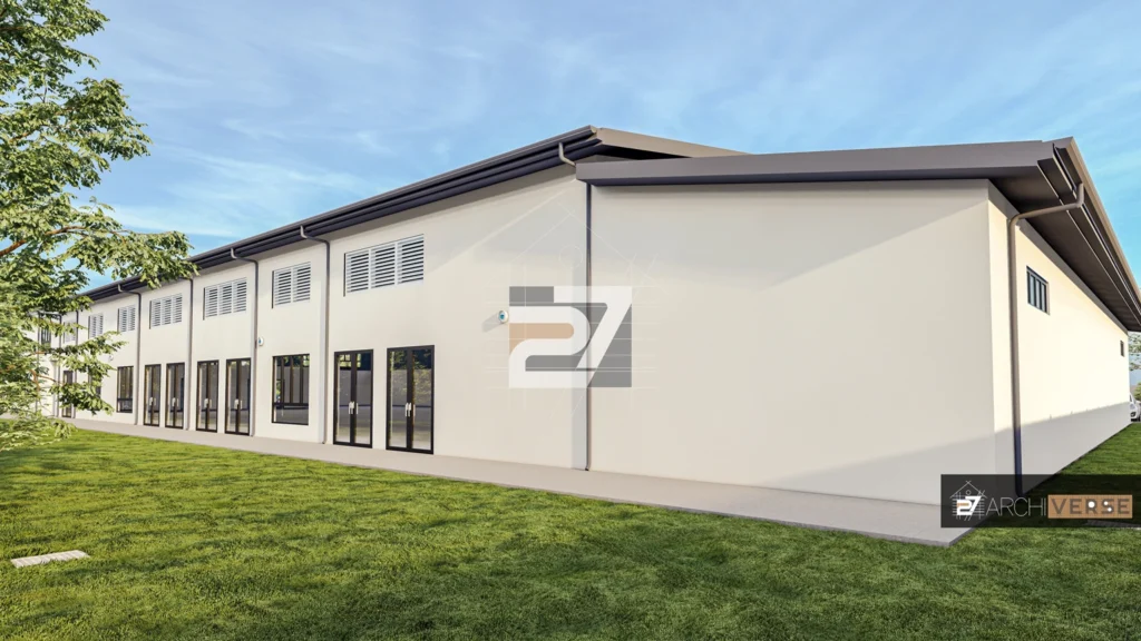 Detailed view of the Cultural Community Center exterior, showing the integration of sustainable design elements and surrounding green space