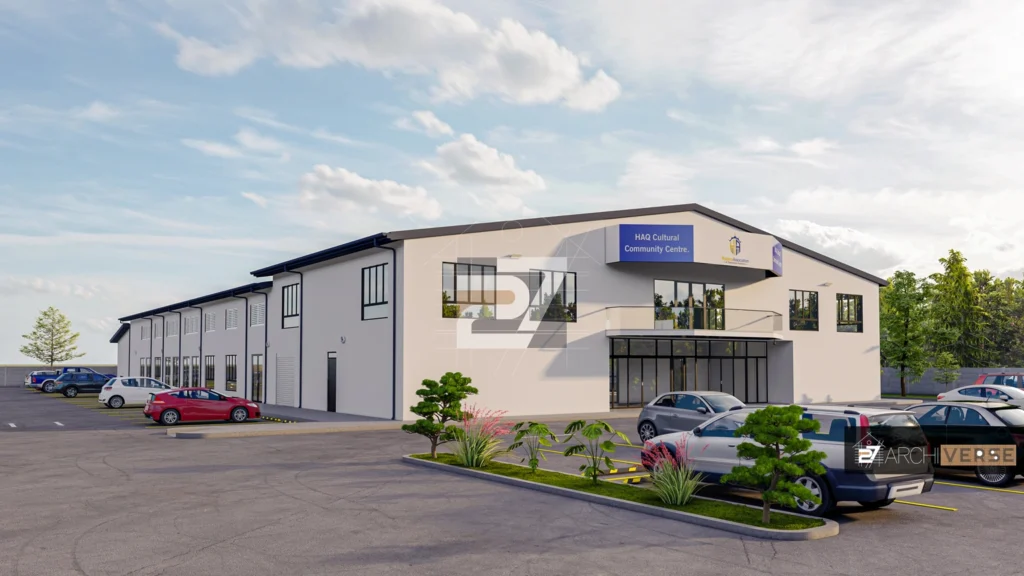 3D rendering of the Cultural Community Center’s front entrance, featuring clean lines and a welcoming design