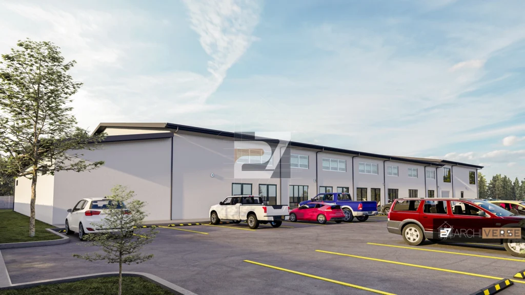 Side view of the Cultural Community Center design showing large windows and open spaces for community engagement