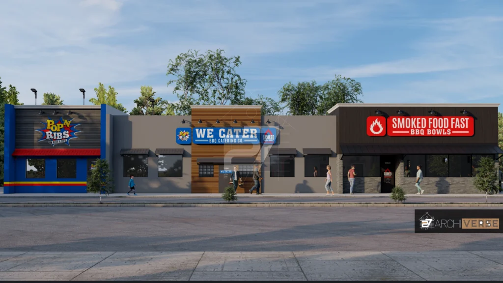 Detailed view of restaurant’s entrance with large, visible signage and modern facade design