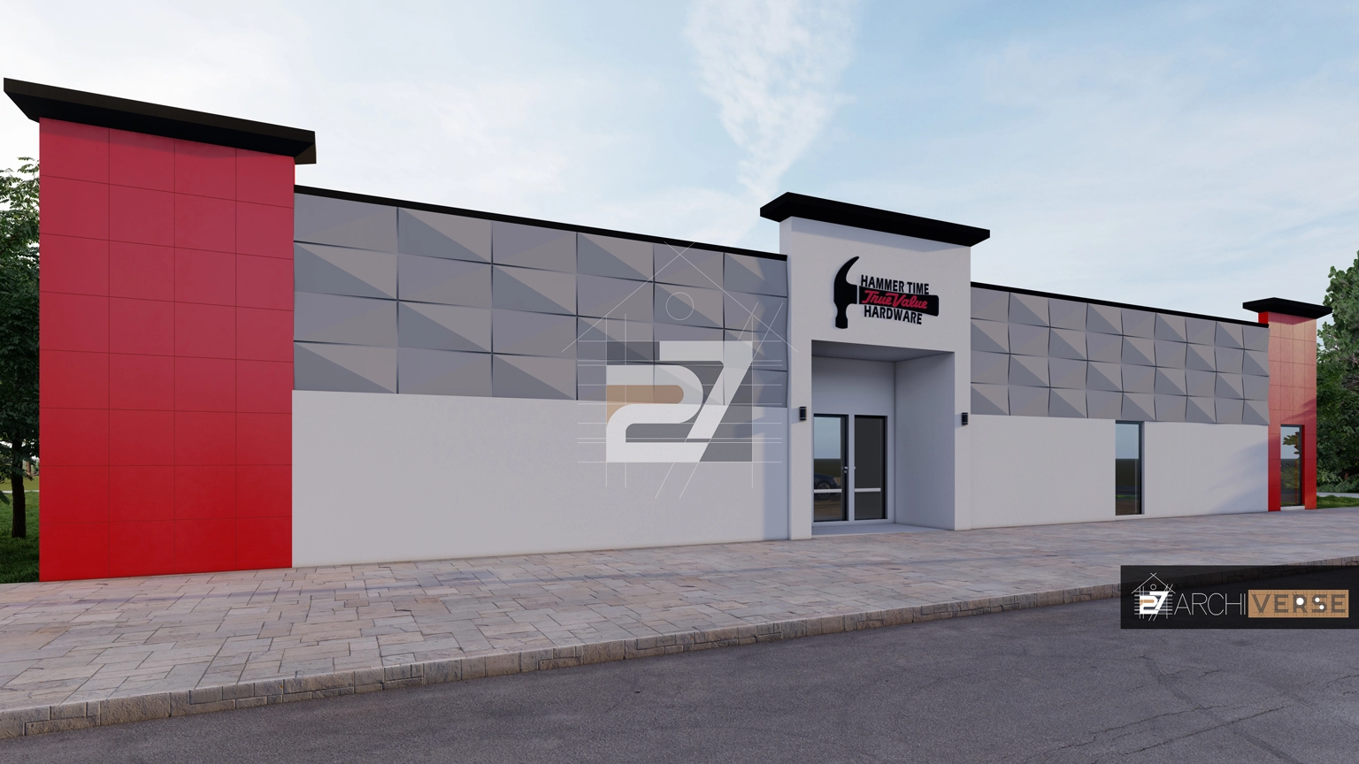 3D visualization of hardware store facade with integrated signage and modern retail architecture