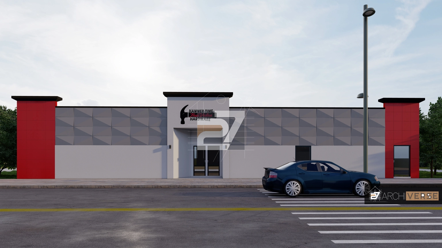 Close-up view of the hardware store exterior with geometric patterns and modern design elements