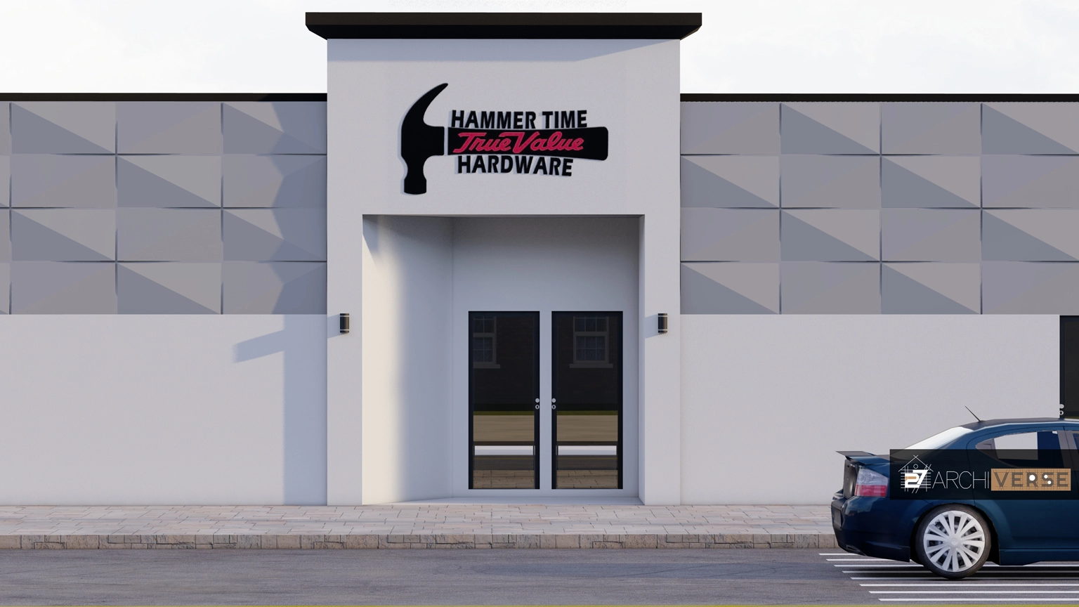 Front view of hardware store with modern retail shop design and bold color contrasts