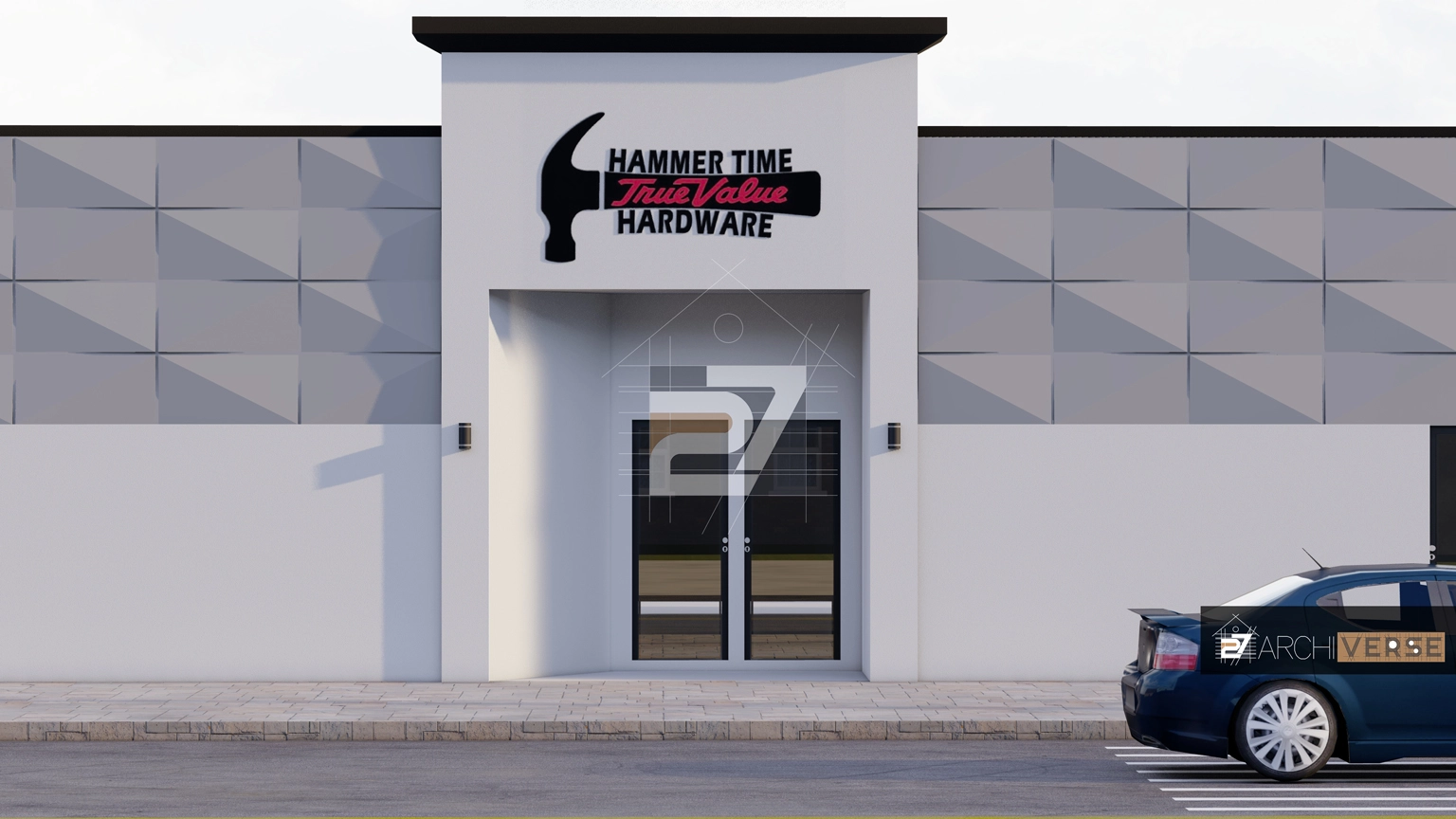 3D rendering of retail shop design with parametric facade and red accents