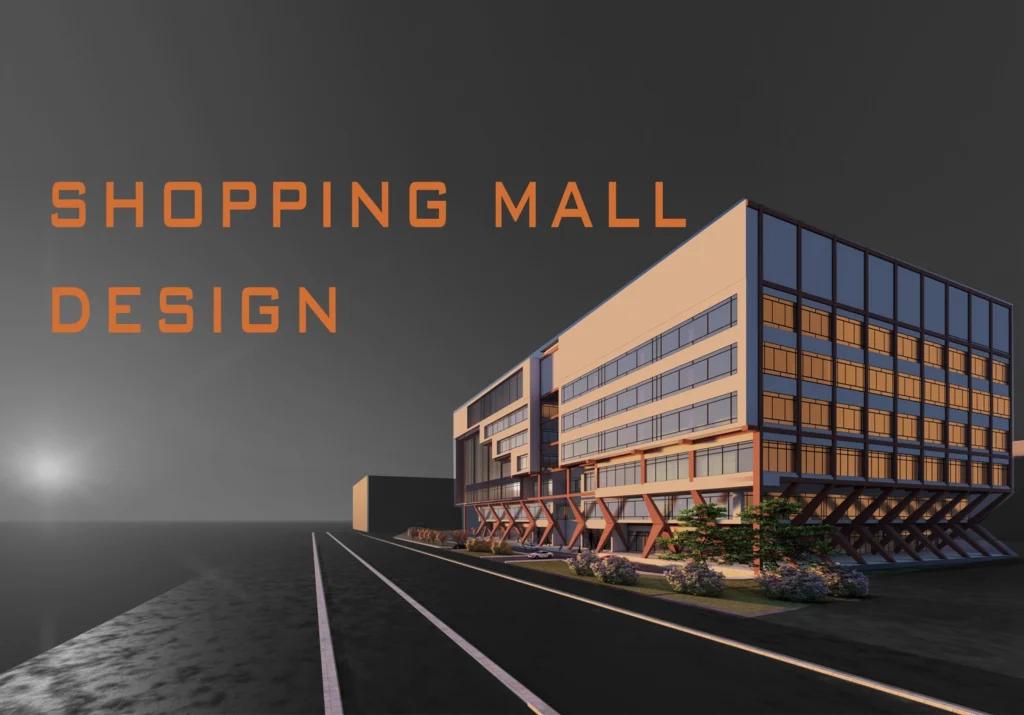 3D rendering of shopping mall exterior with large windows, geometric design elements, and landscaping