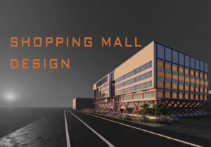 3D rendering of shopping mall exterior with large windows, geometric design elements, and landscaping