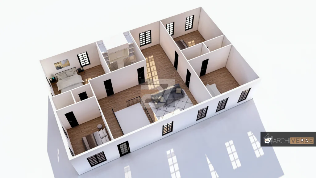 3D floor plan visualization of residential house interior, showing detailed room layout residential house design