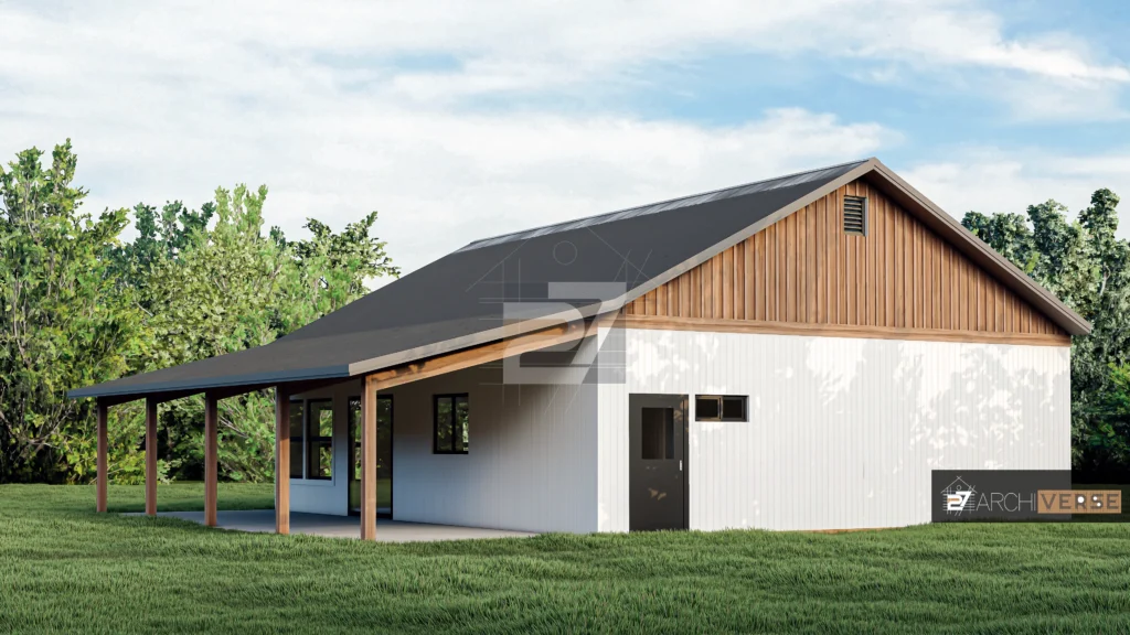 Exterior rendering of home with natural landscaping, sloped roof, and glass windows