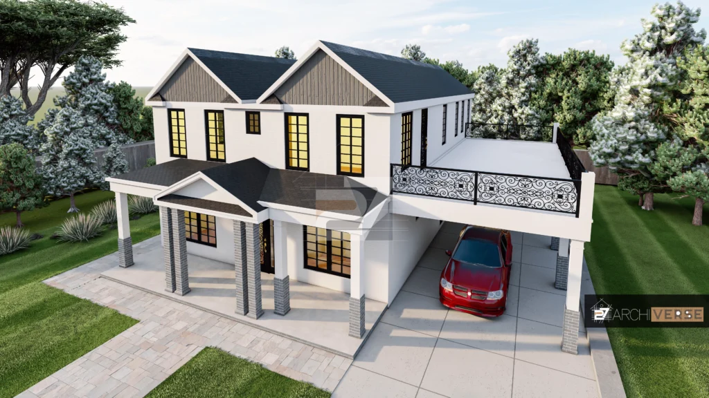 Exterior view of house with wooden accents and large windows on a modern facade residential house design