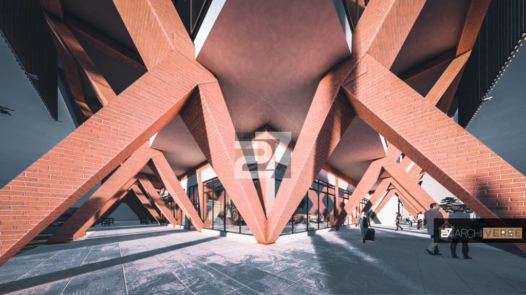 3D rendering of shopping mall parking lot with clear signage and accessibility
