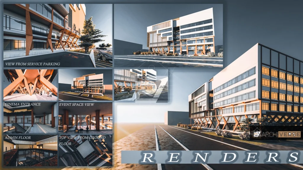 Exterior view of shopping mall design showcasing modern façade and landscaped surroundings