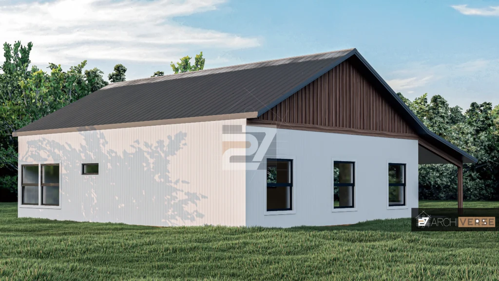 Side view of contemporary house exterior with large windows and minimalist facade