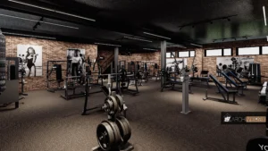 3D rendering of gym interior with exposed brick walls and metal fixtures Gym Interior Design Gym Interior Design