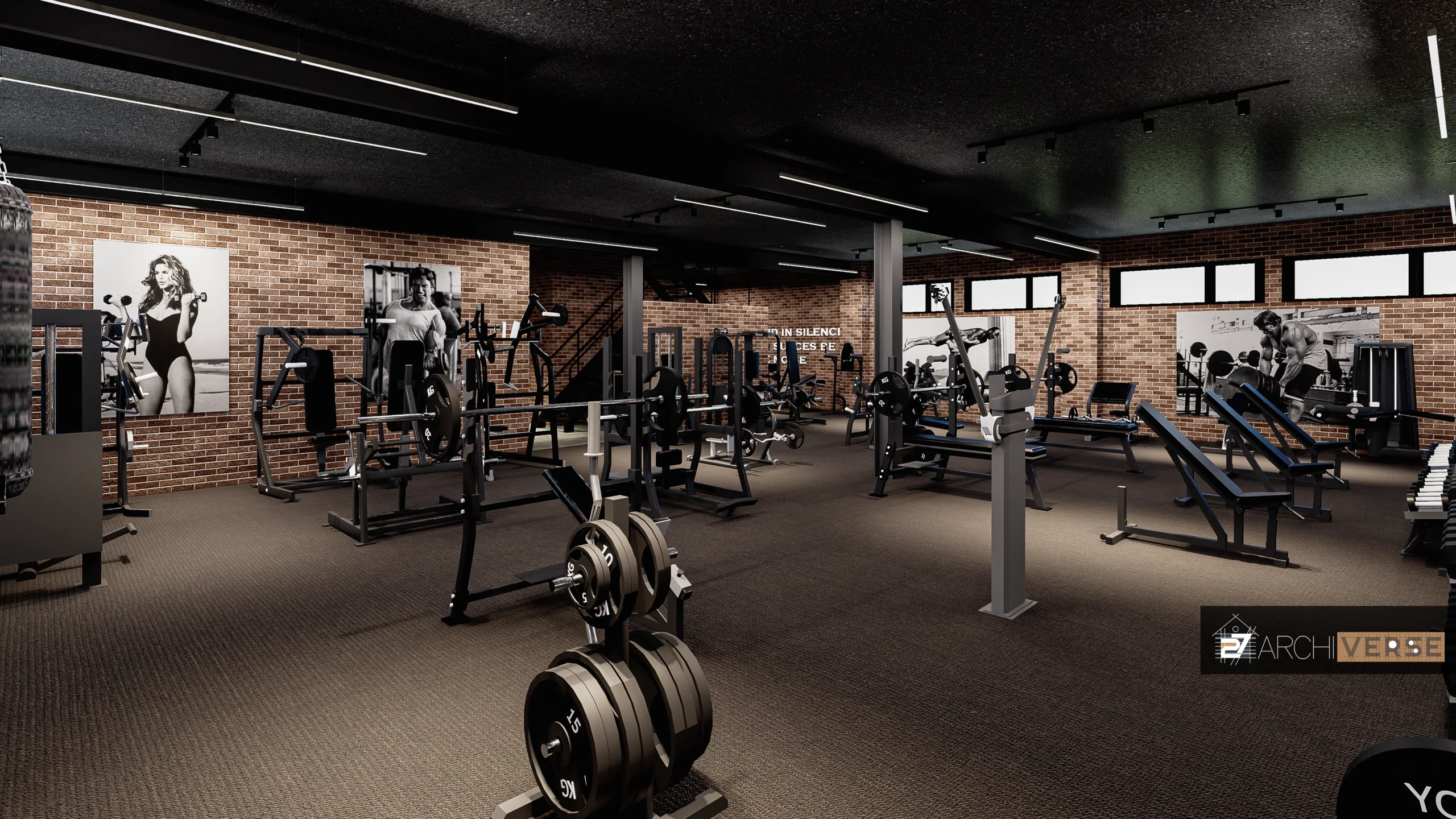 3D rendering of gym interior with exposed brick walls and metal fixtures Gym Interior Design Gym Interior Design
