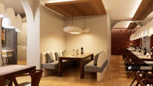 3D rendering of modern restaurant interior with wooden tables and pendant lighting