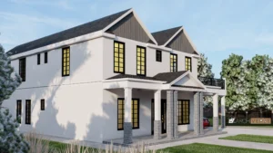 3D rendering of modern residential house exterior with pitched roof and large glass windows residential house design