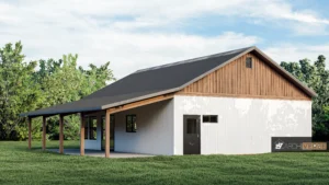 3D rendering of modern residential exterior design with sloped roof and wooden accents